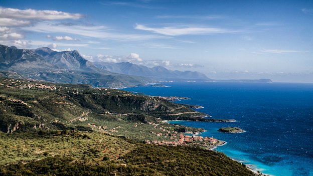 A view of the coastal villages of Kardamili and Stoupa, near Kalamata, on the Mani Peninsula in the southern Peloponnese.