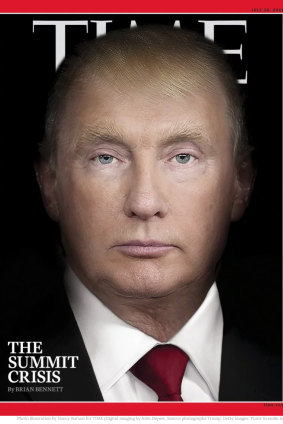 A photo illustration blending portraits of US President Donald Trump and Russian President Vladimir Putin is Time magazine's latest provocative cover image.