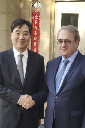 China’s special envoy to the Middle East, Zhai Jun, pictured with Russia’s Deputy Foreign Minister, Mikhail Bogdanov, in Qatar last week.