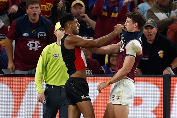 Nasiah Wanganeen-Milera and Jarrod Berry clash at Marvel Stadium.