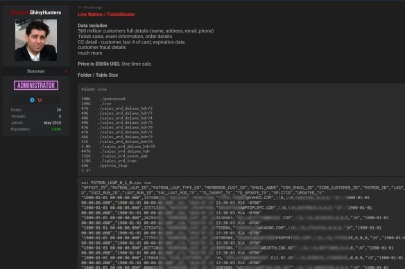 A screenshot of alleged Ticketmaster customer data up for sale.
