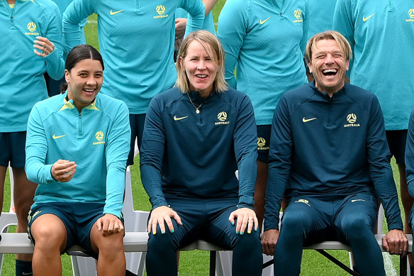 Sam Kerr with coach Tony Gustavsson and assistant Mel Andreatta on Friday.