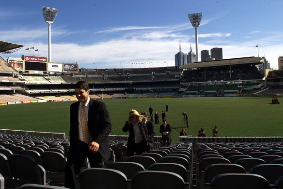 Then-premier Steve Bracks at an announcement to redevelop half of the MCG for the Commonwealth Games.