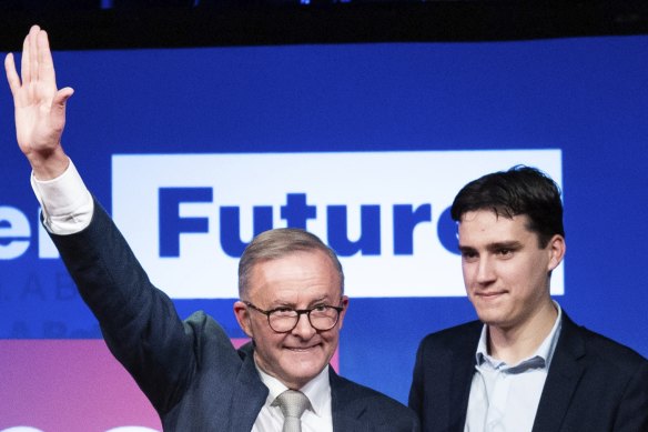 Anthony Albanese celebrates with son Nathan on election night last year.