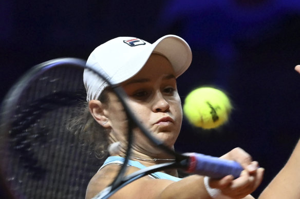 Ashleigh Barty en route to victory over Aryna Sabalenka in the Porsche Grand Prix final in Stuttgart on Sunday.