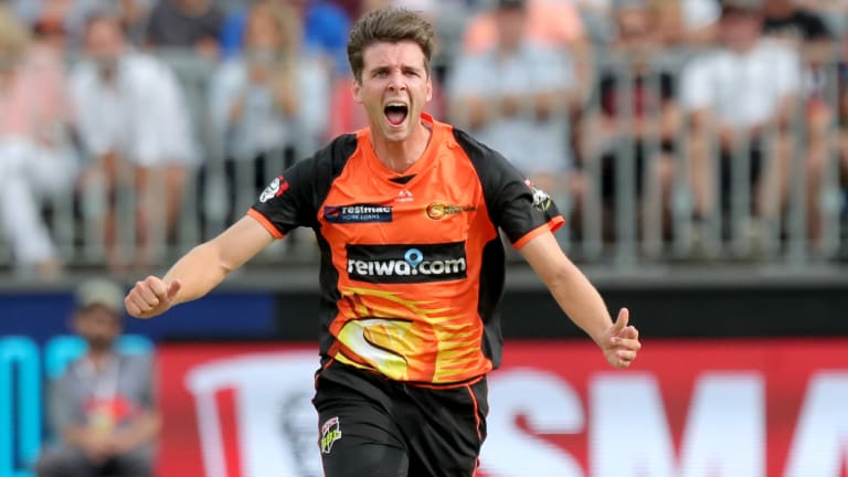 Jhye Richardson of the Scorchers after dismissing Jake Lehmann of the Strikers in their Big Bash League match in Perth on  Wednesday night.