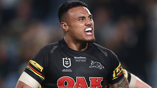 Spencer Leniu celebrates a try against Souths last year.