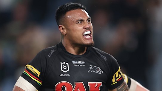 Spencer Leniu celebrates a try against Souths last year.