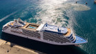 Bathed in sunlight, Silver Moon docks at a port in Greece during Silversea’s first cruise back from June 18. 