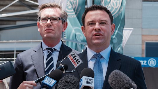 NSW Treasurer Dominic Perrottet and Minister for Sport Stuart Ayres discuss the demolition of the stadium.