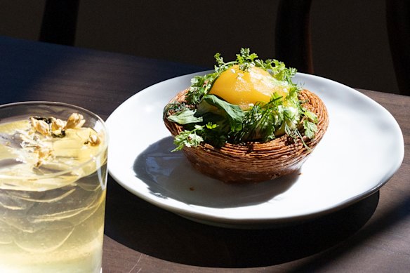 Pear tart and house made jasmine iced tea at Jinius, Dawes Point. 