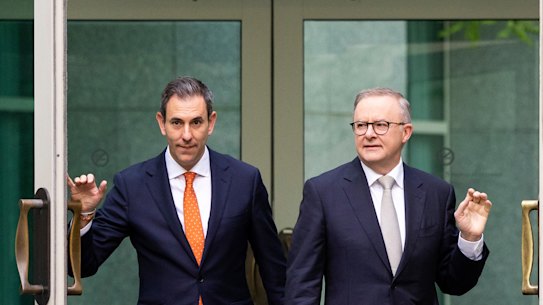 Treasurer Dr Jim Chalmers and Prime Minister Anthony Albanese arrive for television interviews in the courtyard, at Parliament House in Canberra on Wednesday 26 October 2022. fedpol
