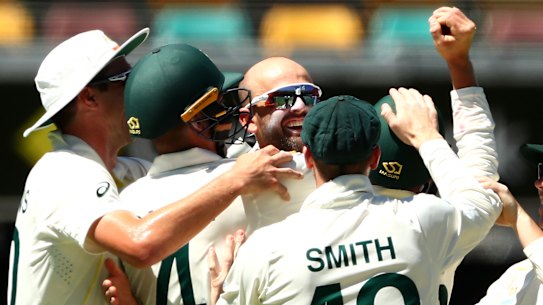 Lyon celebrates after dismissing Dawid Malan for his 400th Test wicket.