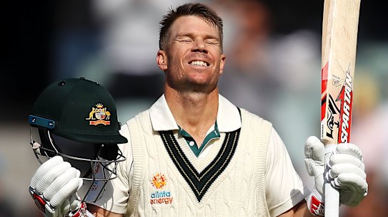 David Warner celebrates reaching his triple century.
