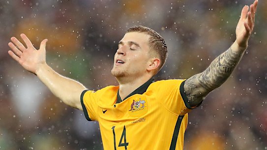 Riley McGree celebrates his goal against Vietnam for the Socceroos.