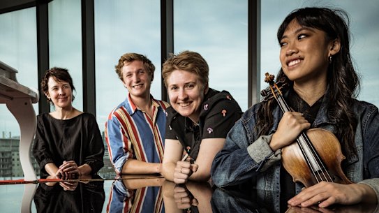 From left, composer Andrea Keller with musicians Harry Swainston, Theodore Pike and Donica Tran.