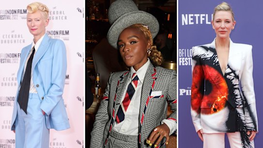 Tilda Swinton wearing a Bella Freud suit at a London screening of ‘The Eternal Daughter’; Janelle Monae in Thom Browne at the London Film Festival; Cate Blanchett in Alexander McQueen at the London Film Festival; Julia Roberts in Adidas x Gucci on the ‘Ticket to Paradise’ press tour.