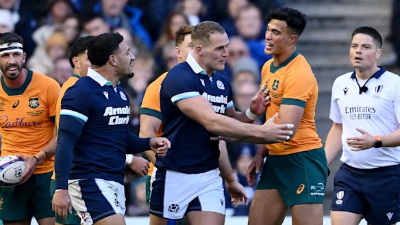 “I’ll see you next time”: Joseph-Aukuso Suaalii and Sione Tuipulotu trade words at Murrayfield.