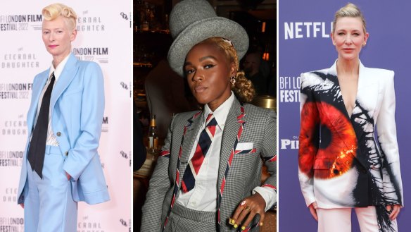 Tilda Swinton wearing a Bella Freud suit at a London screening of 'The Eternal Daughter'; Janelle Monae in Thom Browne at the London Film Festival; Cate Blanchett in Alexander McQueen at the London Film Festival; Julia Roberts in Adidas x Gucci on the 'Ticket to Paradise' press tour.