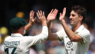 Nathan McSweeney and Pat Cummins celebrate Ravichandran Ashwin’s wicket.