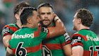 Latrell Mitchell cenebrates with his Rabbitohs teammates at Accor at a recent game.