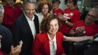 Successful candidate for Dunkley Jodie Belyea celebrates at the Frankston Bowling Club with her family and Deputy Prime Minister Richard Marles.