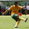 Tim Cahill shoots his 2nd goal   during to put Australia into 3-1 lead over Japan at the 2006 Cup in Germany.