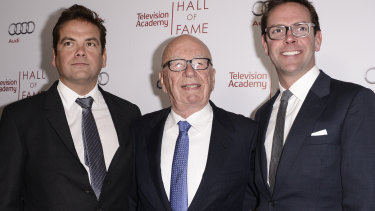 In more united times: Lachlan Murdoch, Rupert Murdoch and James Murdoch at the 2014 Television Academy Hall of Fame in Beverly Hills, California. The Murdoch children don't always see eye-to-eye.
