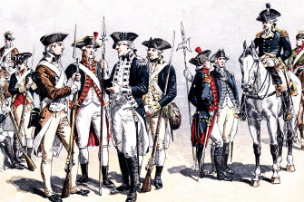 Soldiers with their muskets during the American Revolutionary War.