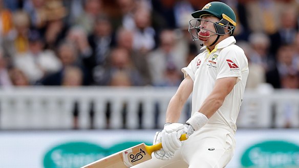 Marnus Lubuschagne gets hit in the grill by Jofra Archer.