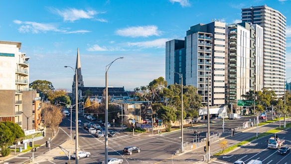 The block of flats at 14 Alma Road, St Kilda, is on the busy Nepean Highway corner.