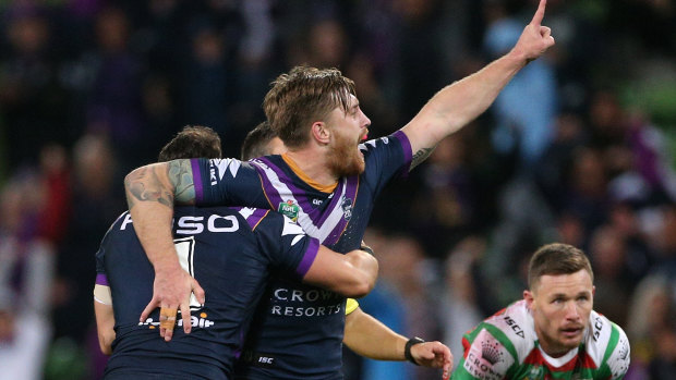 Cameron Munster of the Storm celebrates scoring a point during the Qualifying Final between the Melbourne Storm and the South Sydney Rabbitohs in Week 1 of the NRL Finals Series at AAMI Park in Melbourne, Friday, 