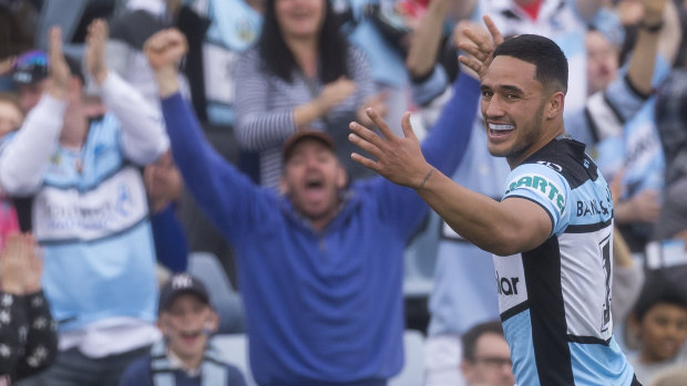 Shooting star: Valentine Holmes breaks the Cronulla try-scoring record against the Knights in round 24.