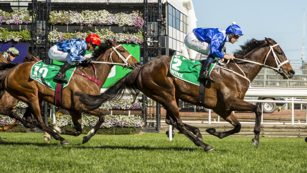 Winx taking the lead on the way to victory in the Turnbull Stakes in 2018.
