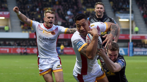 Israel Folau scores Catalans Dragons' second try against Castleford Tigers at Stade Gilbert Brutus in Perpignan, France.