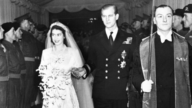 Queen Elizabeth (pictured following her wedding to Prince Philip in 1947) has an impressive collection of tiaras, from which Meghan Markle can choose.
