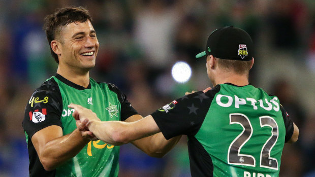 All-round excellence: Marcus Stoinis celebrates taking the wicket of Ben Cutting.