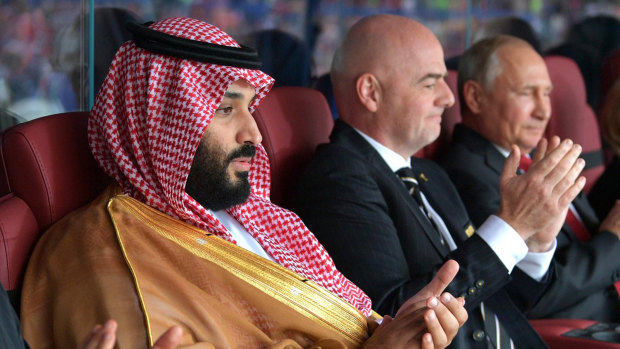 Saudi Arabia’s Crown Prince Mohammed bin Salman, left, with FIFA president Gianni Infantino and Russian President Vladimir Putin during the opening ceremony of the 2018 World Cup in Moscow.