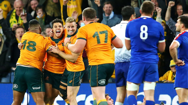 Matt To’omua and the Wallabies celebrate victory over France in Brisbane in 2021, To’omua’s second last Test for Australia.