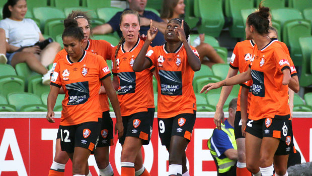 Chioma Ubogagu points to the sky after breaking the deadlock for Brisbane Roar.