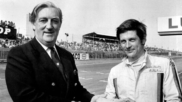 British racing driver David Purley being honoured in 1973 for his bravery in trying to save Roger Williamson from his blazing car at the Dutch Grand Prix.
