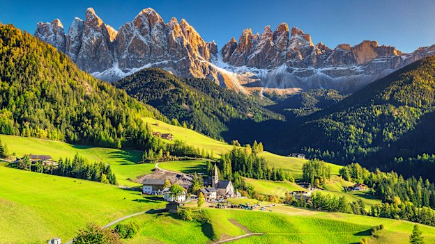 The tiny village of Santa Maddalena is dwarfed by the might of the Dolomites.