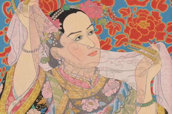 Birds of Passage at Queensland Art Gallery features work by Paul Jacoulet (1896-1960) including The Pearls, Manchukuo, a colour woodblock print from 1950 (detail).
