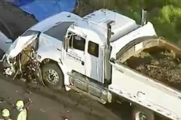 A damaged truck at the scene of the crash. 