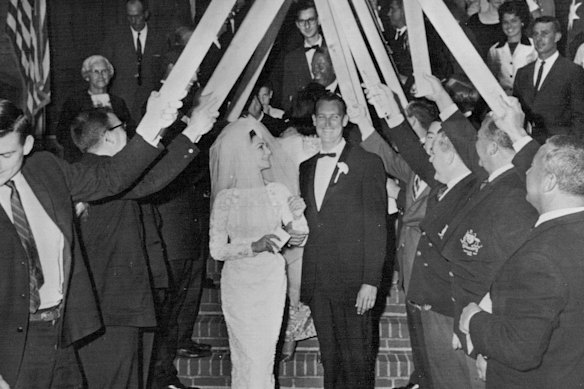 Bill and Faye Solomons after their wedding in Newport on Rhode Island, New York in 1962.