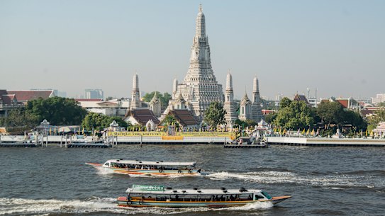 View of Wat Arun Temple from a Chao Phraya River ferry.