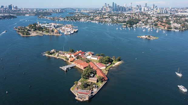 Spectacle Island on the Parramatta River section of Sydney Harbour, with Cockatoo Island in the background.