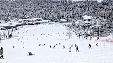 People enjoying winter sports on a crowded snowy run at a popular Japanese resort.