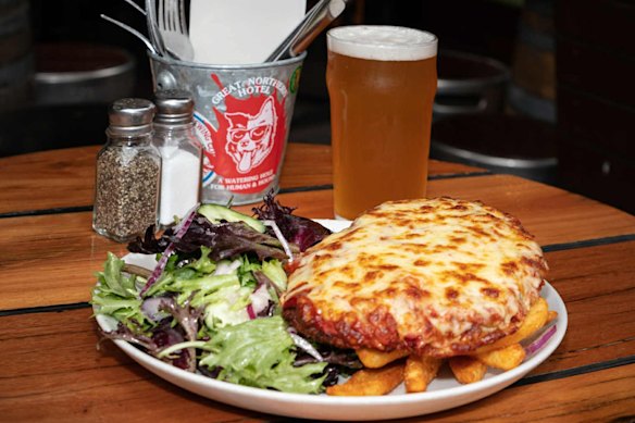 The Great Northern Hotel does chicken parmas, schnitzels and eggplant parmas for $22 on Mondays.