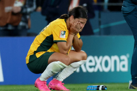 Sam Kerr is devastated after the final whistle in the World Cup semi-final between Australia and England.